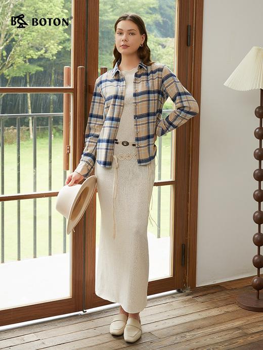 波顿女士秋冬季翻领磨毛长袖格子衬衫合身通勤休闲舒适百搭衬衣LS093325 商品图1