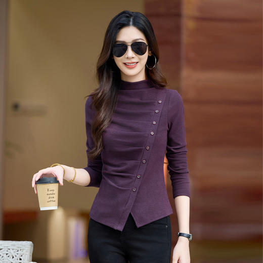 百媚生 纽扣半高领收腰保暖长袖打底衫6656 商品图2
