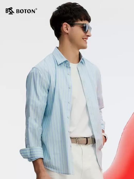 波顿男士春夏季长袖衬衣 蓝绿条纹纯棉舒爽百搭款MS093125 商品图2