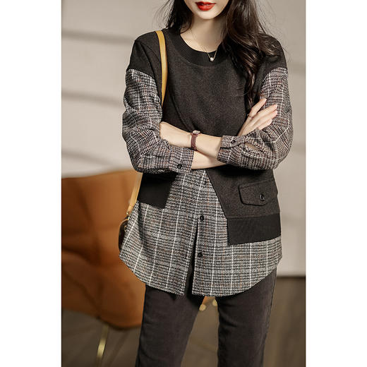 百媚生 圆领长袖套头宽松复古日系格子拼接假两件卫衣女W26S23463 商品图0