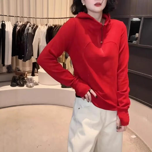 丁摩 锦梳棉半拉链连帽卫衣女春秋内搭打底帽衫上衣潮5ZF-8639 商品图2