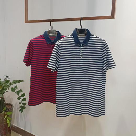 男士间条纯棉翻领短袖恤衫  17WD-12 商品图0