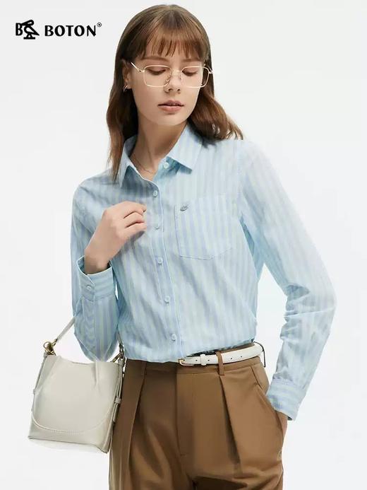 波顿女士春夏季蓝绿色竖条纹长袖衬衫高端美式休闲纯棉衬衣LS052125 商品图1