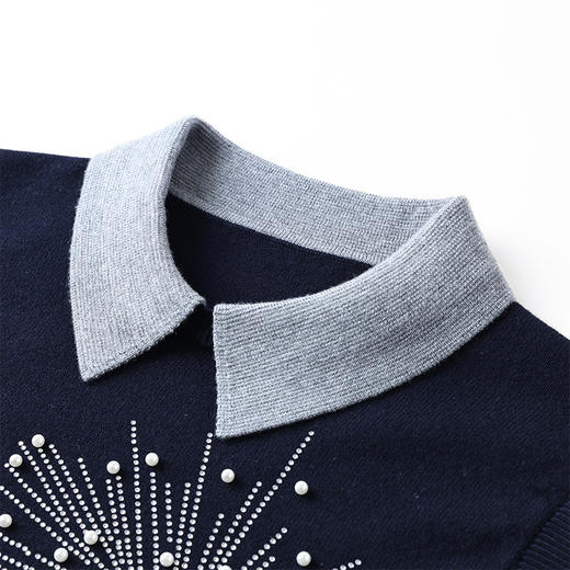 百媚生 羊毛混纺假两件翻领长袖拼色针织衫烫钻钉珠上衣DFL300663 商品图2