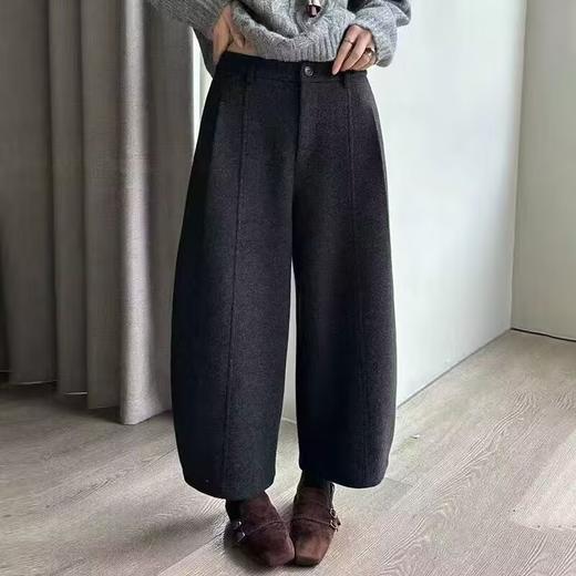 丁摩 灰色毛呢加绒加厚弯刀裤女秋冬九分垂感镰刀裤子高腰5ZF-0017 商品图0