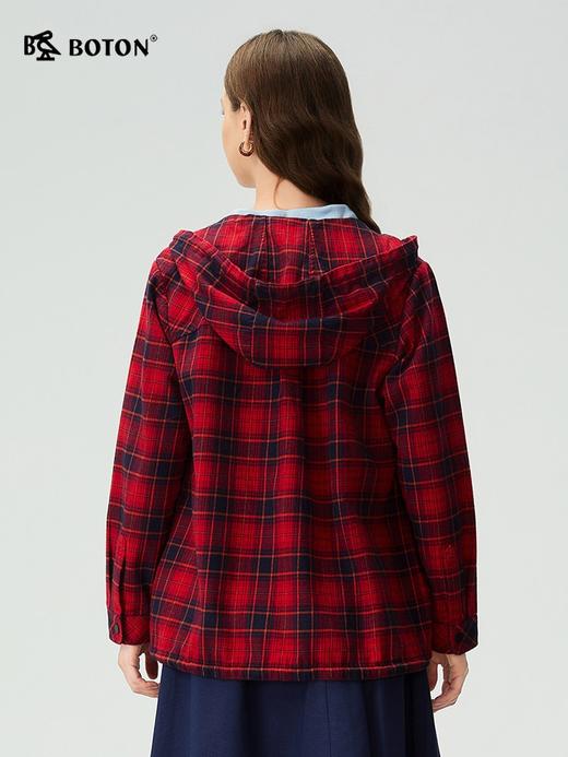 波顿女士春秋冬季翻领长袖磨毛格子衬衫连帽通勤休闲百搭舒适衬衣LS122325 商品图2