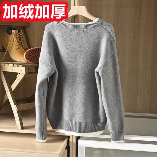 蒙口2026冬季男士底抓绒加厚假两件纯色绵羊绒圆领加厚落肩袖套头毛衣 商品图7