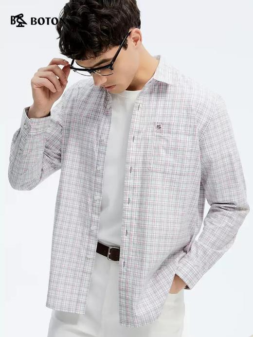 波顿男士春夏季红绿白色长袖复古撞色格子衬衫高端美式休闲衬衣MS102125 商品图3