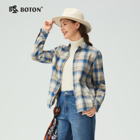 波顿女士春秋冬季翻领长袖磨毛格子纯棉衬衫宽松休闲百搭舒适衬衣LS107325