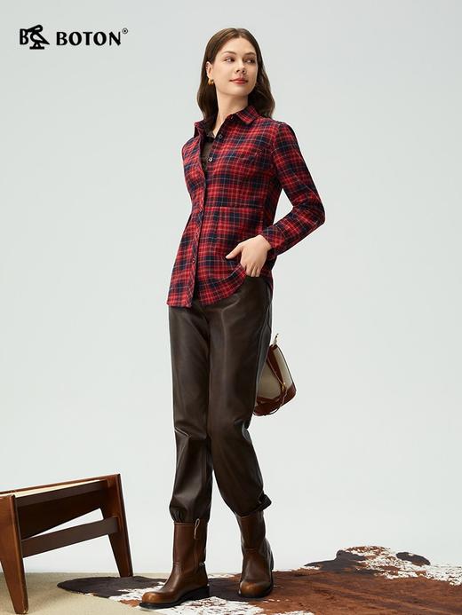 波顿女士春秋冬季翻领长袖磨毛格子衬衫合身显瘦休闲百搭衬衣LS106325 商品图1