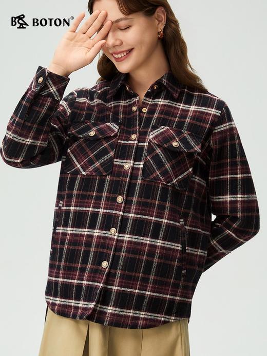 波顿女士秋冬季宽松翻领长袖格子衬衫型外套磨毛通勤百搭外套LSJ091325 商品图2