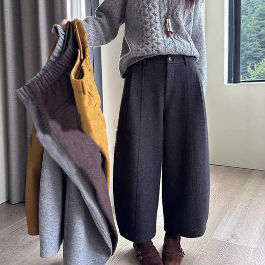 丁摩 灰色毛呢加绒加厚弯刀裤女秋冬九分垂感镰刀裤子高腰5ZF-0017 商品图1