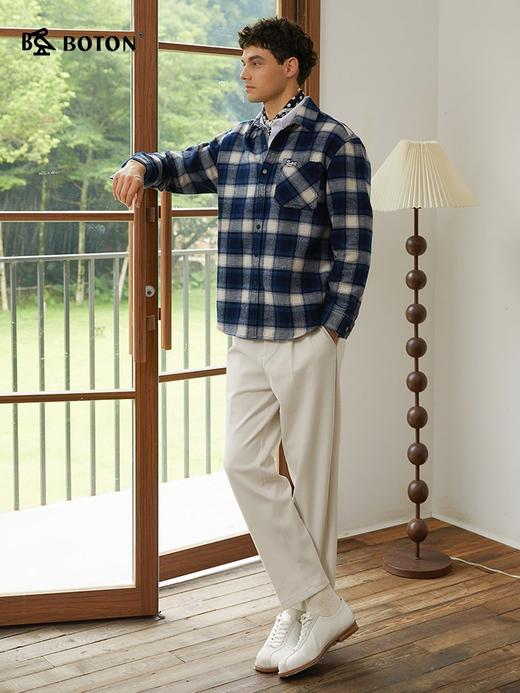 波顿男士秋冬季翻领长袖纯棉磨毛格子衬衫型外套宽松百搭舒适通勤外套MSJ132325 商品图1