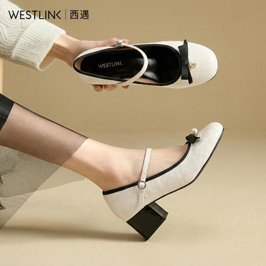 西遇浅口粗跟玛丽珍女鞋2026新款春季一字扣带蝴蝶结小香风单鞋子V0166273V0166273 商品图1