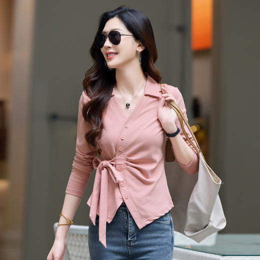 百媚生 棉质翻领长袖T恤收腰系带上衣6652 商品图1