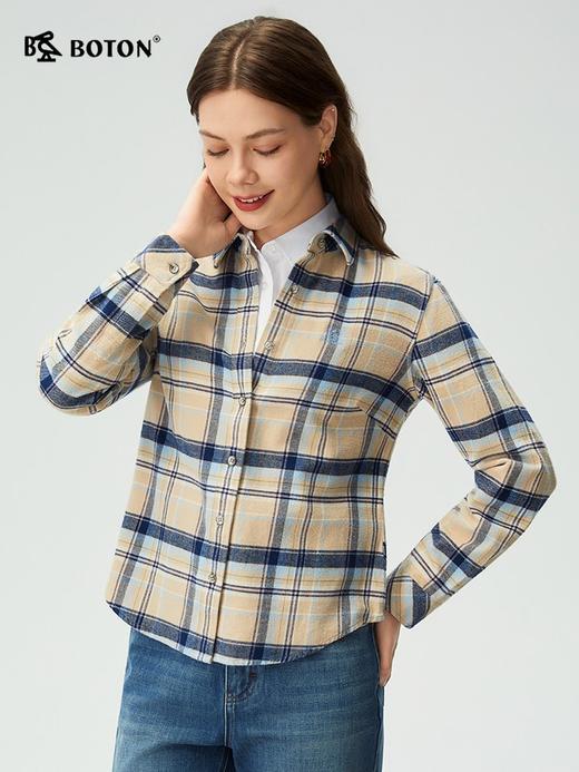 波顿女士秋冬季翻领磨毛长袖格子衬衫合身通勤休闲舒适百搭衬衣LS093325 商品图2