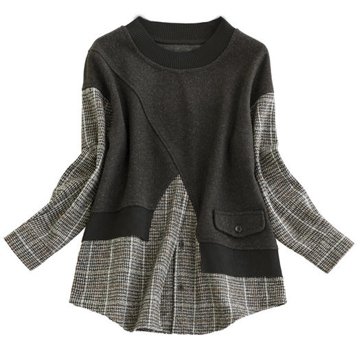 百媚生 圆领长袖套头宽松复古日系格子拼接假两件卫衣女W26S23463 商品图4