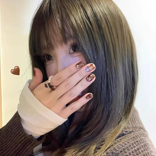 春节不打烊【秋冬氛围感❗️高级不撞款】秋冬氛围感可爱冰透焦糖格纹星星短款显白猫眼手工美甲成品。jd 商品图1