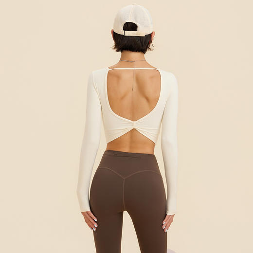 【3~5天发货】跃牌【美度空间】系列 扭结网纱拼接瑜伽服长袖女带胸垫运动上衣CXB62012 商品图3