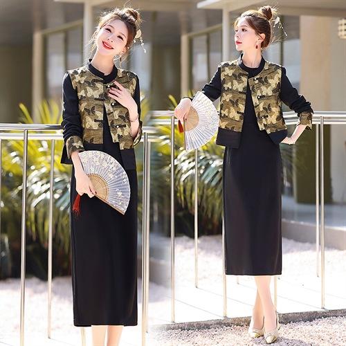 丁摩 新中式风复古盘扣马甲丝绒连衣裙套装女春秋显瘦长裙两件套5ZF-12643 商品图1