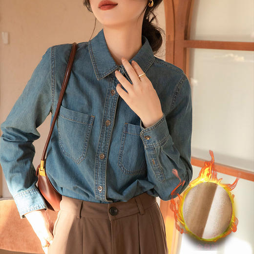 百媚生 加绒保暖牛仔衬衫女复古叠穿长袖上衣 555 商品图0