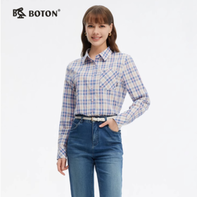 波顿女士春夏季蓝粉白色格子长袖衬衫高端美式休闲纯棉衬衣LS062125