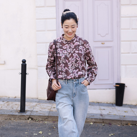 绽放029朵/"马上笑开花"衬衫·双纱微皱棉感花卉印花长袖衬衫女春