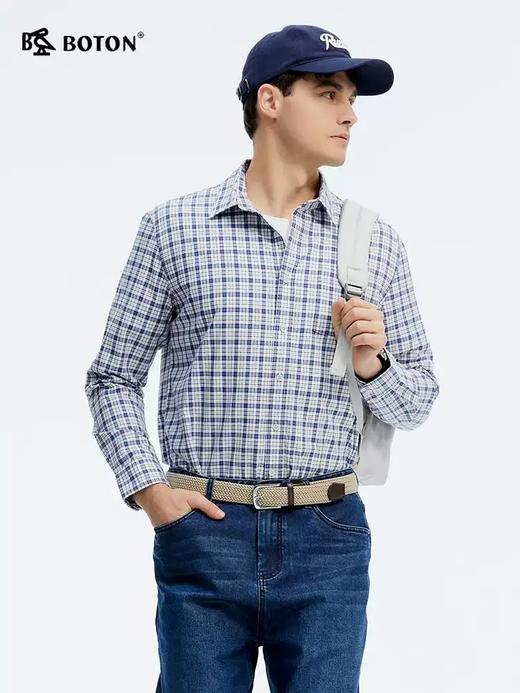 波顿男士春夏季清新蓝白格长袖格子衬衫休闲棉质百搭衬衣MS111125 商品图3