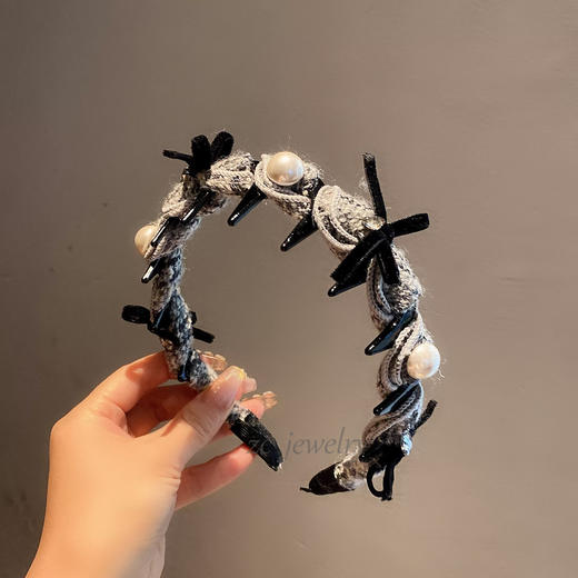 丁摩 韩国东大门小香ins珍珠闪钻蝴蝶结发箍女时尚高颅顶外出发卡5ZF-293 商品图3