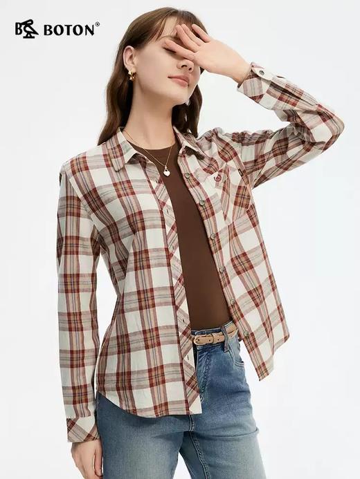 波顿女士春夏季咖杏色格子长袖衬衫高端美式休闲衬衣LS061125 商品图3