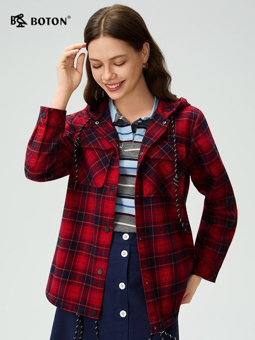 波顿女士春秋冬季翻领长袖磨毛格子衬衫连帽通勤休闲百搭舒适衬衣LS122325 商品图3