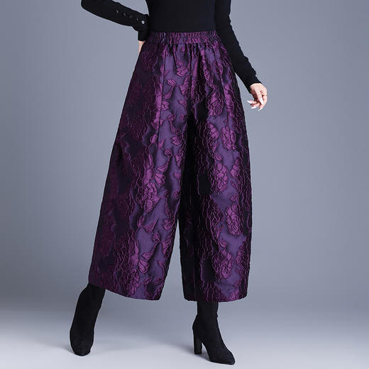 百媚生 浮雕提花茧型阔腿裤女保暖棉裤休闲九分花苞裤 商品图3