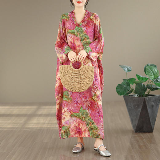 百媚生 V领印花袍子长裙女遮肉显瘦棉麻连衣裙5254 商品图0