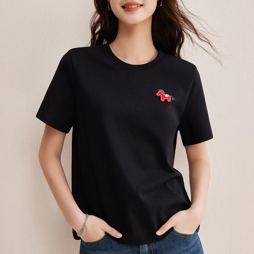 丁摩 95%棉早春新款韩系卡通刺绣圆领短袖T恤女半袖打底衫巨好看的上衣5ZF-W20 商品图2