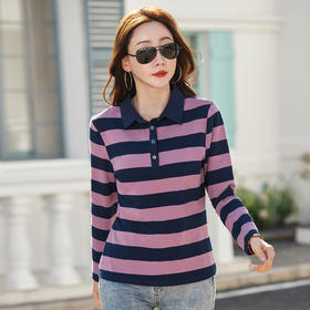 百媚生 棉质粗条纹翻领长袖T恤82608