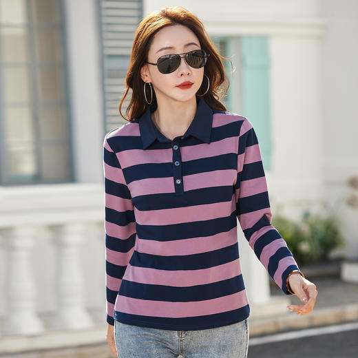 百媚生 棉质粗条纹翻领长袖T恤82608 商品图0