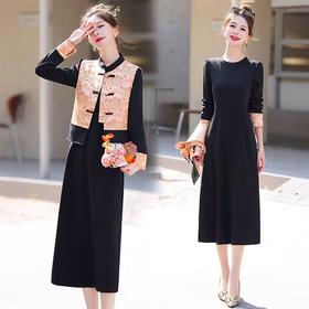 丁摩 新中式风复古盘扣马甲丝绒连衣裙套装女春秋显瘦长裙两件套5ZF-12643