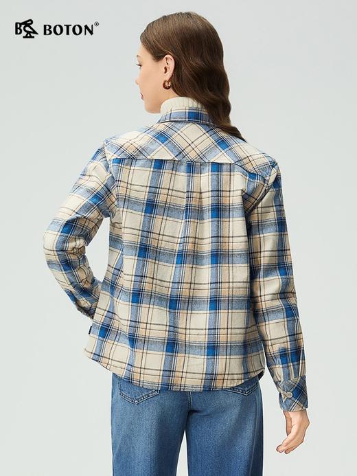 波顿女士春秋冬季翻领长袖磨毛格子纯棉衬衫宽松休闲百搭舒适衬衣LS107325 商品图2