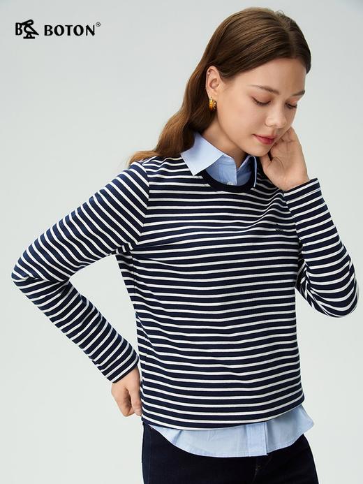 波顿女士秋冬海军风条纹圆领通勤百搭长袖针织衫LT351325 商品图1
