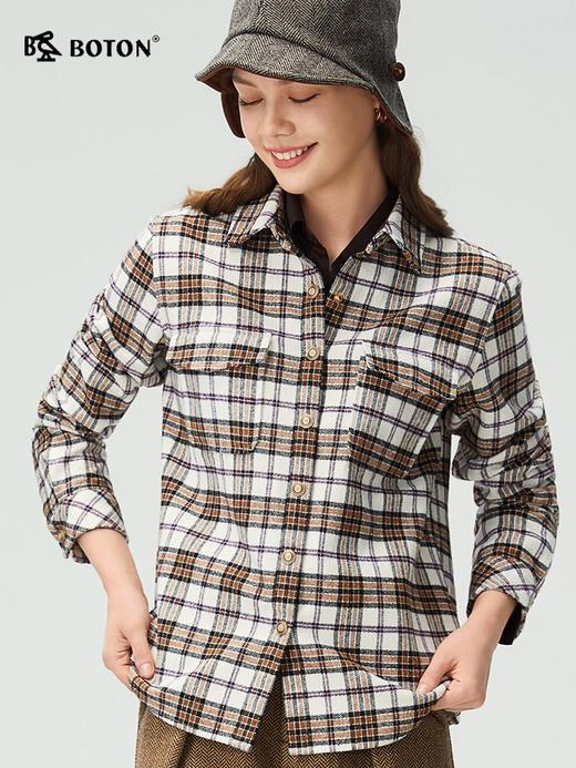 波顿女士秋冬季宽松翻领长袖格子磨毛衬衫型外套休闲百搭外套LSJ089325 商品图2