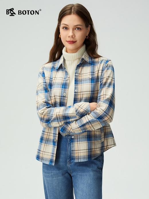 波顿女士春秋冬季翻领长袖磨毛格子纯棉衬衫宽松休闲百搭舒适衬衣LS107325 商品图3