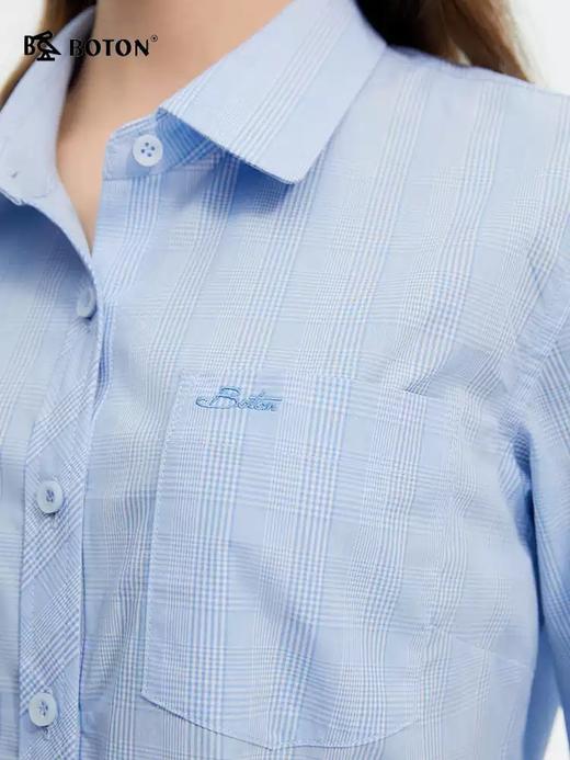 波顿女士春夏季蓝白色格子长袖衬衫高端美式休闲复古衬衣LS059125 商品图4