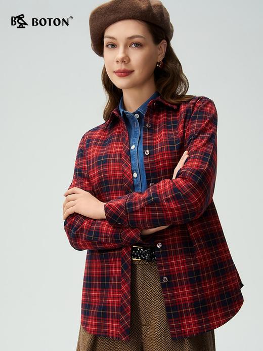 波顿女士春秋冬季翻领长袖磨毛格子衬衫合身显瘦休闲百搭衬衣LS106325 商品图2