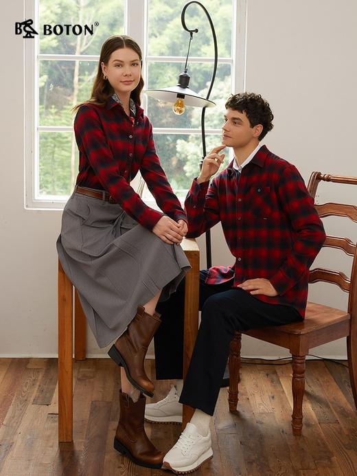 【抗菌防臭】波顿男士春秋冬季磨毛格子长袖衬衫修身休闲百搭衬衣MS128325 商品图3