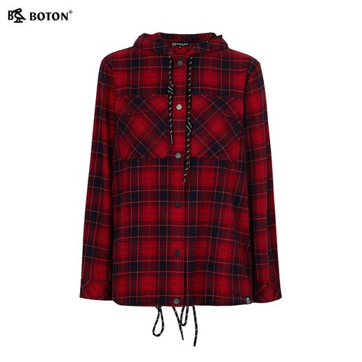 波顿女士春秋冬季翻领长袖磨毛格子衬衫连帽通勤休闲百搭舒适衬衣LS122325 商品图5
