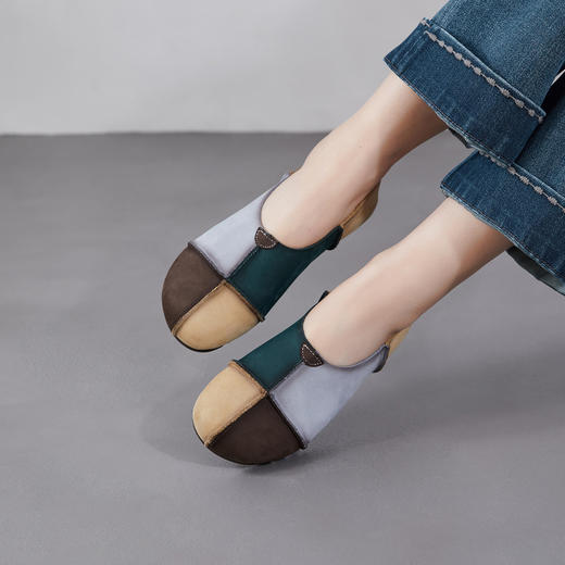 雀说 头层牛皮 拼色复古女鞋子春秋单鞋女ZM269066 商品图2