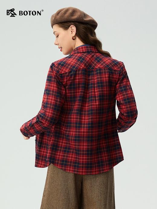 波顿女士春秋冬季翻领长袖磨毛格子衬衫合身显瘦休闲百搭衬衣LS106325 商品图3