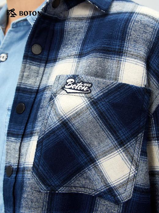 波顿男士秋冬季翻领长袖纯棉磨毛格子衬衫型外套宽松百搭舒适通勤外套MSJ132325 商品图3