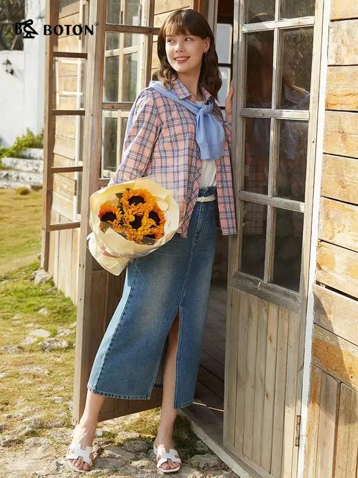 波顿女士春夏季粉蓝白色格子长袖衬衫高端美式休闲衬衣LS060125 商品图1