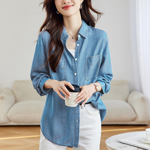丁摩 天丝莱赛尔牛仔衬衫女长袖春秋装新款正肩叠穿上衣5ZF-297 商品图2